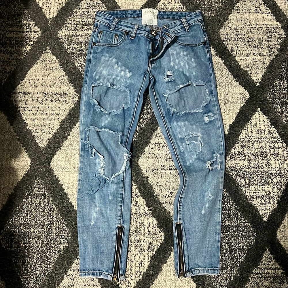 Distressed one teaspoon jeans with zippers - medium blue